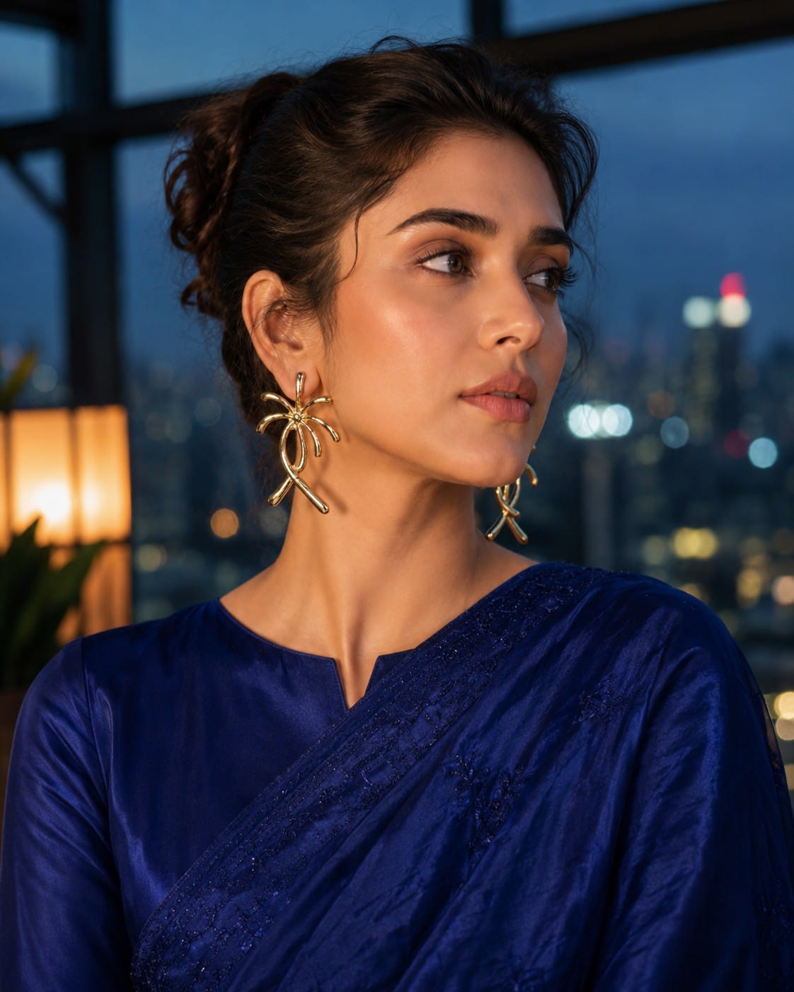 A RUHVARA woman at dusk, city skyline behind her, wearing gold sculptural earrings